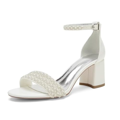 Pearl Block Heel Wedding Sandal with Ankle Strap