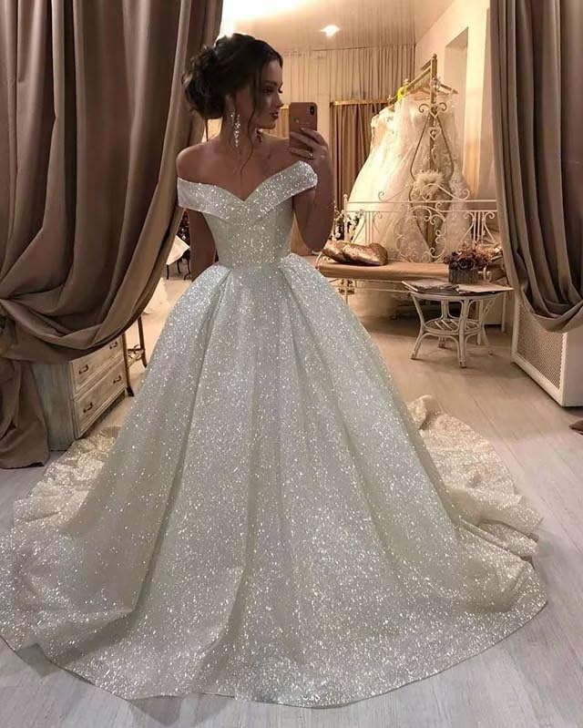 Yuxin Sparkly Off Shoulder Sequin Wedding Gown 2024