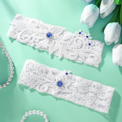 Bride Lace Wedding Garters Set with Blue Rhinestone