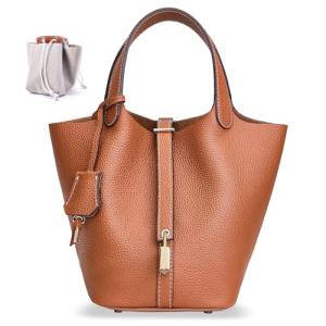 Trendy Leather Bucket Bag for Women - Brown