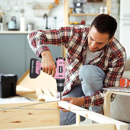 Compact Cordless Drill Set, 20V Lithium, LED Work Light, Pink