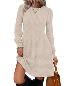 Beige Long Sleeve Corduroy Sweater Dress for Women