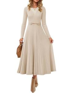 ZESICA Women's Pleated Midi Sweater Dress in Apricot
