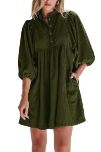 Opemiby Women's Corduroy Button-Up Mini Dress