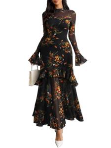GothDark Women's Floral Maxi Dress with Ruffles