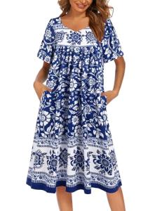 Ekouaer Short Sleeve Pleated Nightgown with Pockets