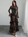 GothDark Women's Floral Maxi Dress with Ruffles