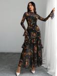 GothDark Women's Floral Maxi Dress with Ruffles