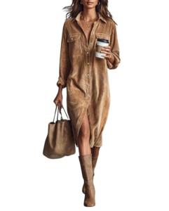 Chouyatou Women's Brown Corduroy Midi Shirt Dress