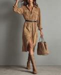 Chouyatou Women's Brown Corduroy Midi Shirt Dress