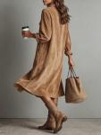Chouyatou Women's Brown Corduroy Midi Shirt Dress