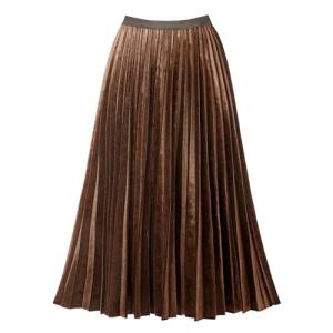 Brown Velvet High Waist Pleated Midi Skirt