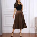 Brown Velvet High Waist Pleated Midi Skirt