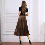 Brown Velvet High Waist Pleated Midi Skirt