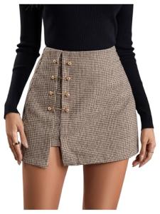 WDIRARA Women's Metallic Trim High Waisted Plaid Skirt