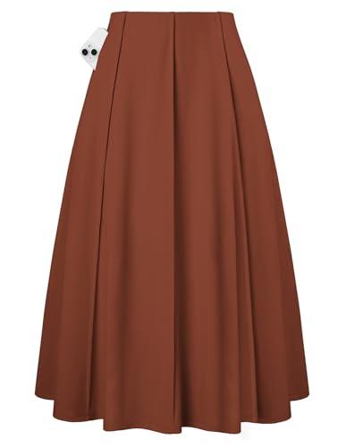Kate Kasin Brown Pleated Midi Skirt with Pockets