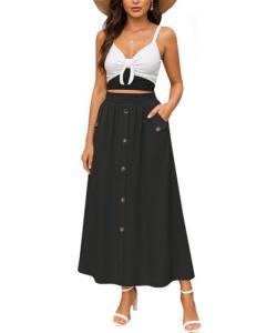 Women's Black High Waisted A-Line Midi Skirt