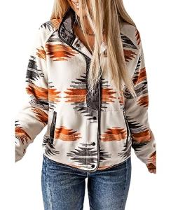 Aztec Print Fleece Jacket with Pockets for Women