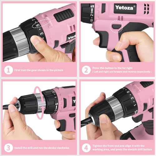Compact Cordless Drill Set, 20V Lithium, LED Work Light, Pink