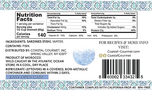 Coastal Gourmet Sardines in Water, No Salt, 12 Pack