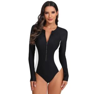 Women's Long Sleeve Color Block Rash Guard Swimsuit