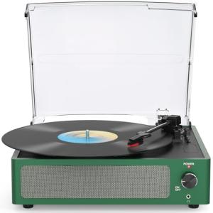 WOCKODER Vinyl Record Players Turntable with Speakers Wireless Receiver 3 Speed RPM LP Phonograph Belt-Driven Headphone AUX RCA Auto Stop All-in-one Turn Table for Beginners Collectors Grass Green
