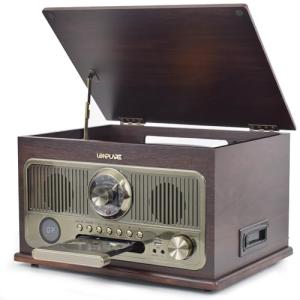 All in One Vintage 3 Speed Vinyl Record Player with Built-in Speakers,Bluetooth Turntable,CD Player/Cassette/USB/TF Card,AUX in,FM/AM Radio,RCA Out,Recording