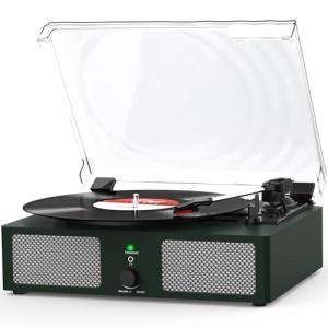 Vinyl Record Player with Built-in Speakers and USB,Belt-Driven Bluetooth Turntable with 3 Speed AUX Input Headphone Jack and RCA Output Vintage Wooden DarkGreen