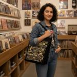 HumminGuru Vinyl Record Bag - Heavy-Duty Cotton Canvas Tote Bag, Large Capacity Holds 30+ LP Albums & 15” Laptop & Books - Durable Lightweight Carrier for Music Lovers & Collectors for Vinyl Shopping