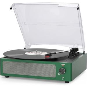 Vinyl Record Player with Speakers & Wireless Receiver Turntable for Vinyl Records 3 Speed 3 Size LP Player Portable Turn Table Vinyls Records Players Headphone AUX RCA Auto Stop New Sleek Dark Green