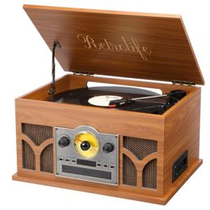 10-in-1 Mahogany Record Player with Wireless Speakers
