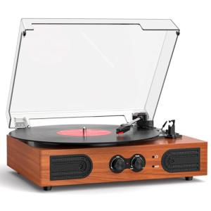 Walnut 3-Speed Vinyl Record Player with Speakers
