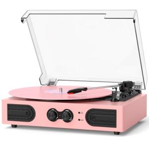 Vintage Pink Vinyl Record Player with Speakers