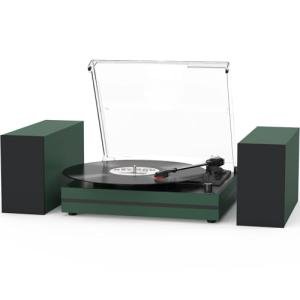 Sleek Dark Green Vinyl Record Player with Speakers