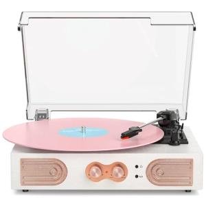 White and Rose Gold Vinyl Record Player with Speakers