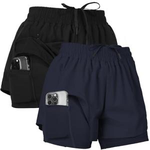 Ultra Performance Gym Shorts Women Pack of 2, Nylon Compression Workout Shorts Women with Liner, Small Black, Navy