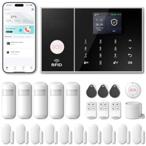 PGST WiFi Home Alarm Security System,Wireless DIY Smart Home Burglar Security Alarm System 24 Pieces Kits, Compatible with Alexa Google Home Voice Control for Villa Home Apartment