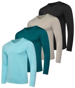 Men's Dry Fit Long Sleeve V-Neck T-Shirts - 4 Pack