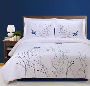 Blue Swallow Embroidered Cotton Duvet Cover Set