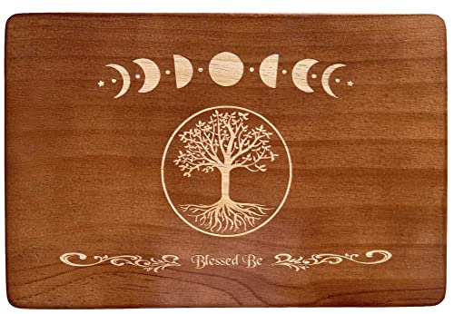 Wooden Meditation Altar Table with Moon and Tree Design