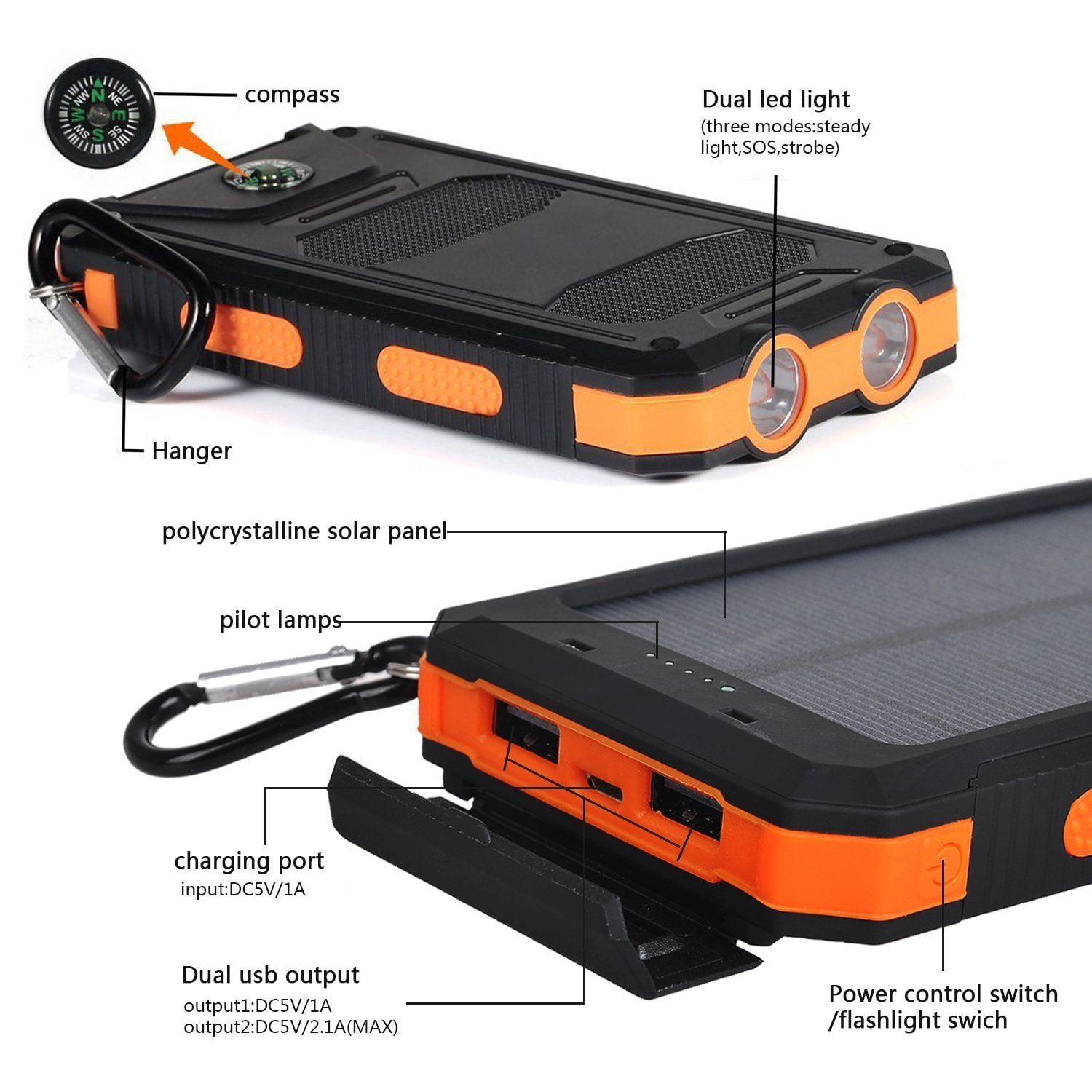 Dual USB Waterproof Solar Power Bank Charger
