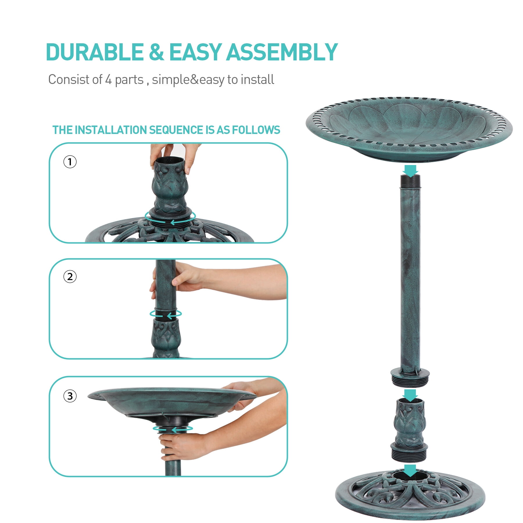 Vintage Green Resin Bird Bath - 28" Garden Height