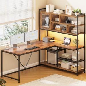 L Shaped Computer Desk with LED Light and Shelves