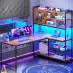 L Shaped Computer Desk with LED Light and Shelves