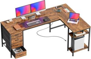 Rustic Brown L-Shaped Desk with USB-C and Drawers