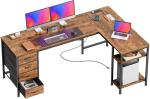 Rustic Brown L-Shaped Desk with USB-C and Drawers