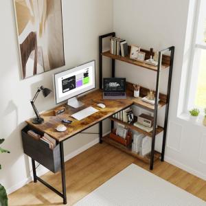 L-Shaped Desk with Storage Shelf for Home Office