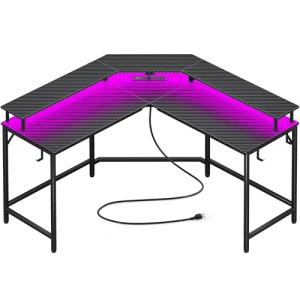 L Shaped Gaming Desk with Power Outlets & LEDs