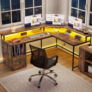 YITAHOME L-Shaped Desk with Power and LED Lights