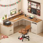 YOMILUVE 63" Farmhouse L Shaped Desk with Storage